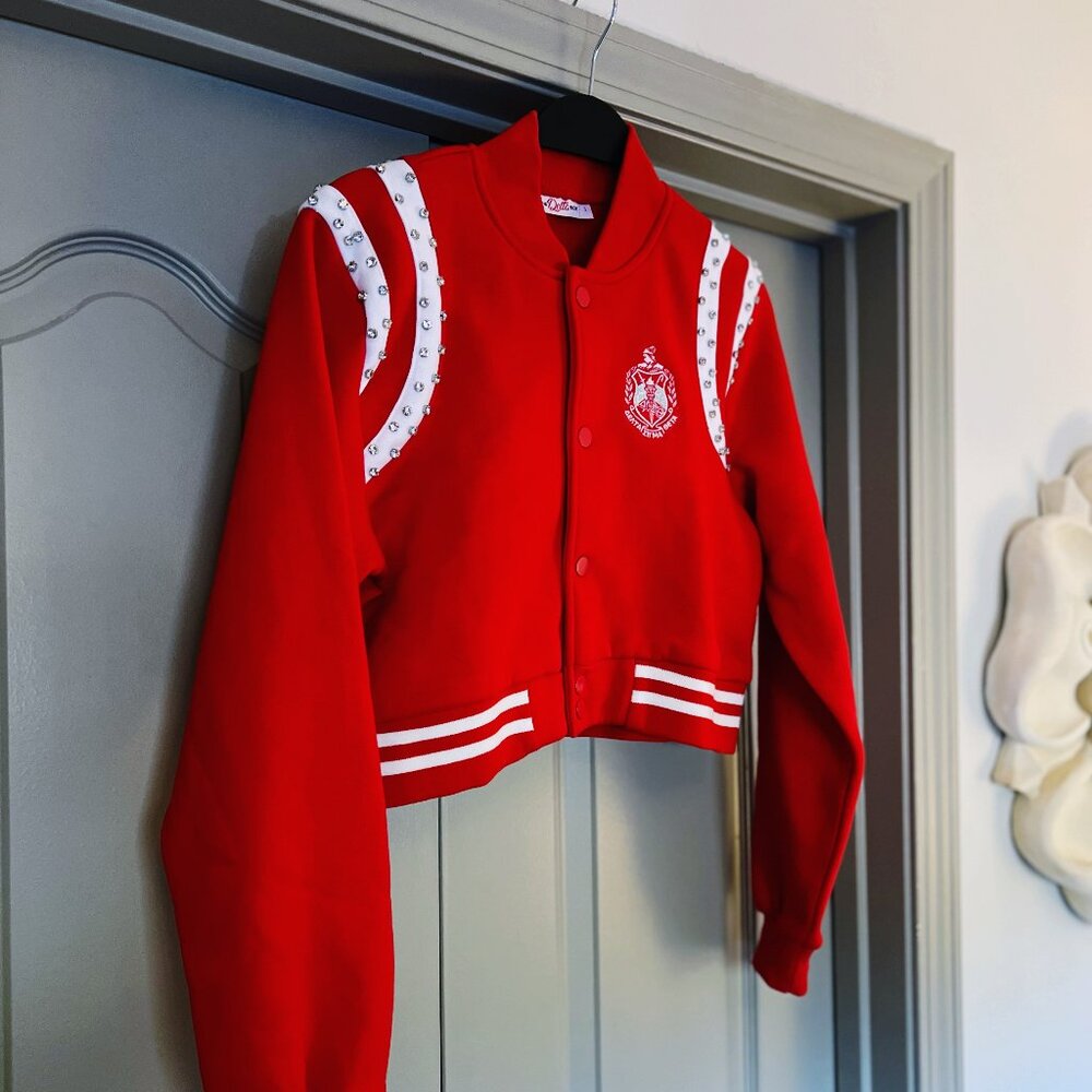 SOLD Red Embellished Varsity Jacket | Delta Sigma Theta | NWOT | Cropped Bomber - Picture 2 of 7